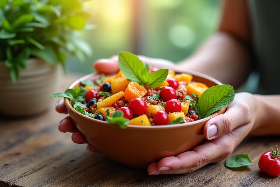 Close-up of a person mindfully enjoying a colorful, healthy meal in dappled sunlight