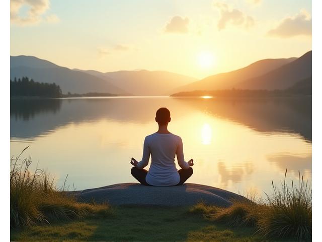 Person meditating peacefully by a calm lake with mountains in the background