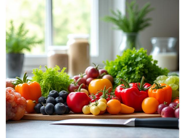 Fresh, colorful vegetables and fruits on a kitchen counter, highlighting plant-based eating
