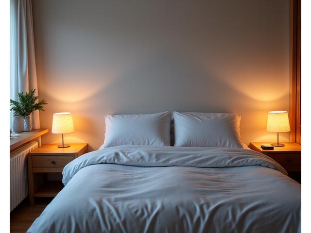 Serene bedroom with soft lighting, indicating good sleep hygiene