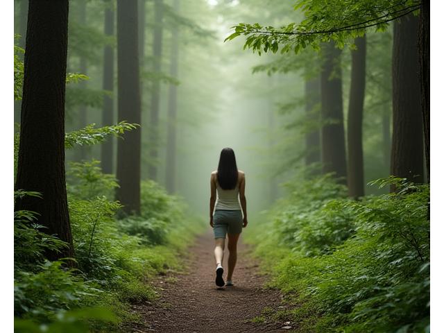 Person walking through a peaceful forest, symbolizing stress relief