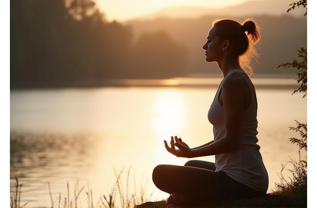 Woman meditating by a calm lake, representing personalized lifestyle coaching