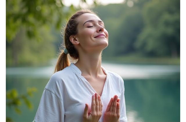 Person practicing deep breathing outdoors, showing stress management techniques